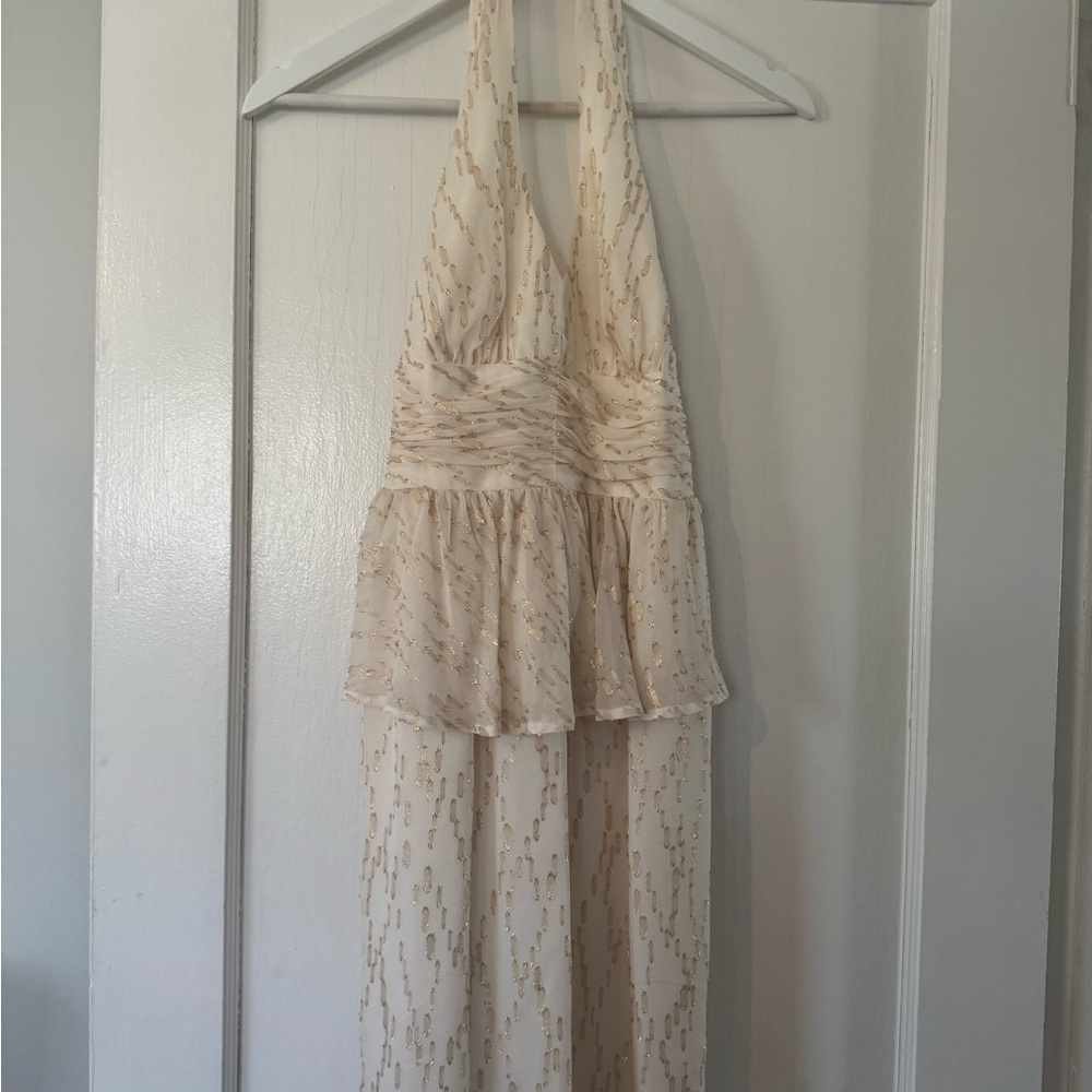 Trina Turk Elegant Cream Halter Dress with Gold Accents